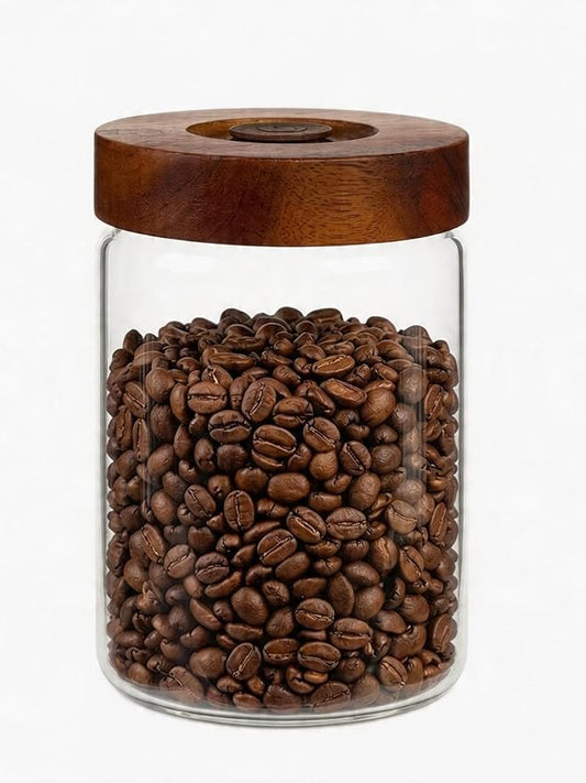 Coffee Canister, 9oz Airtight Glass Storage Jar with Wooden Lid | One way CO₂ valve helps keep beans fresh, thick glass jar for coffee beans, grounds, tea, sugar, spices, and countertop decor