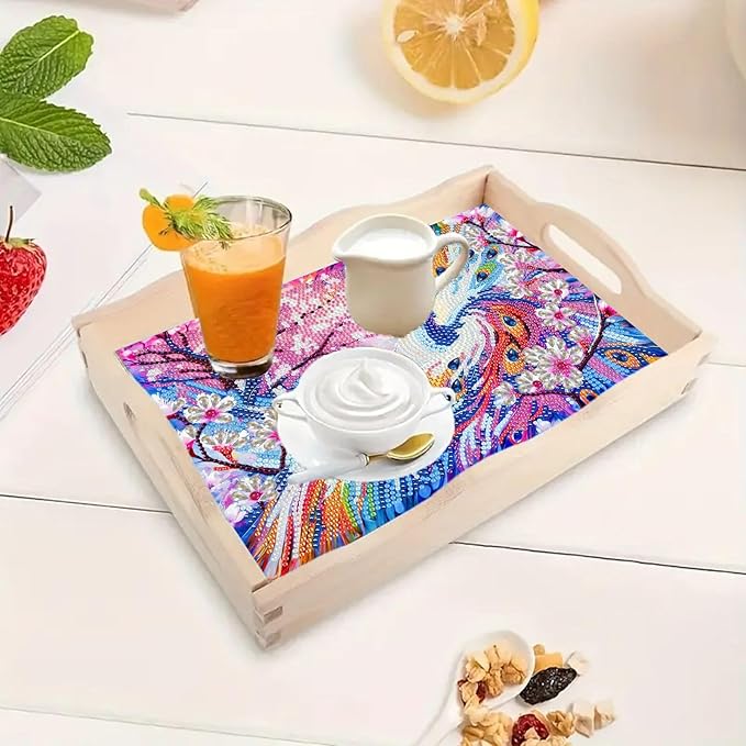 ARTopet DIY Diamond Serving Tray Diamond Art Painting Creative Design Handmade Wooden Tray Dinner Plate for Coffee Breakfast Home Organizer-Peafowl