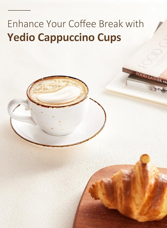 8oz Cappuccino Cups and Saucer, Porcelain Coffee Mugs, Latte Cups Set for Cappuccino, Espresso, Americano, Latte, Tea, Mocha, Microwave Dishwasher Safe, Set of 4, White