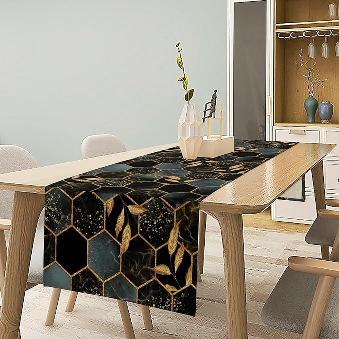 Marble Table Runner, Black and Gold Abstract Geometry Hexagon Modern Luxury Texture Printed Linen Table Runners for Home Farmhouse Kitchen Dining Room Party Holiday Decor 13" W x 60" L