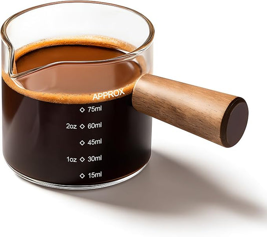 YARRAMATE 2.5 oz/75ML Espresso Shots Cup with Wooden Handle, Clear Glass Demitasse Cup with Dual Scale Markings for Coffee Extraction (1 Pack, Single Spout)