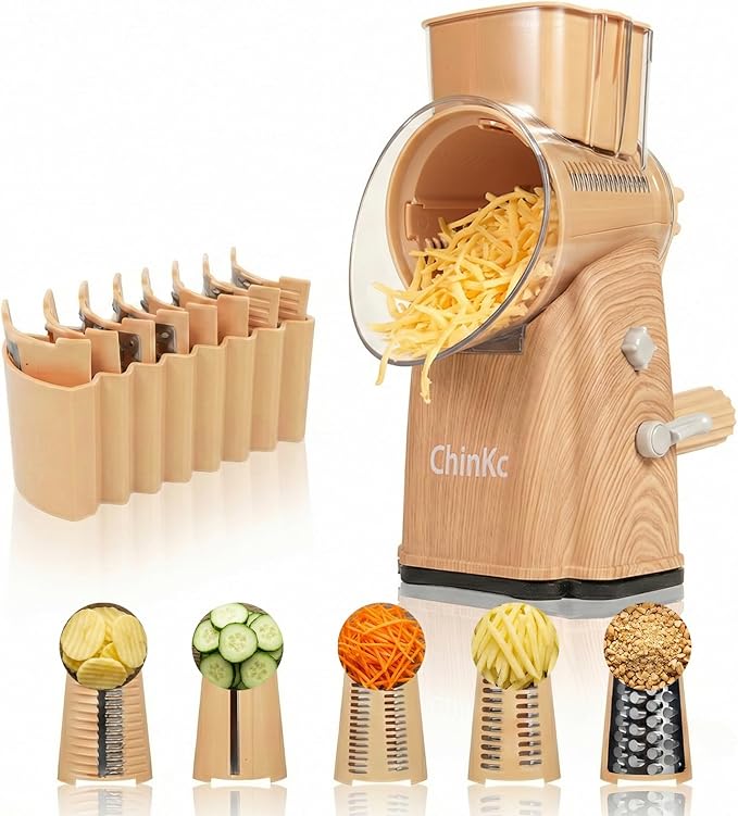 Upgrade Rotary Cheese Grater Shredder with Handle, Strong Suction Base, Multi-purpose Rotary Grater Slicer with 5 Interchangeable Blades for Ice, Vegetables, Fruit, Nuts with Blade Storage Box