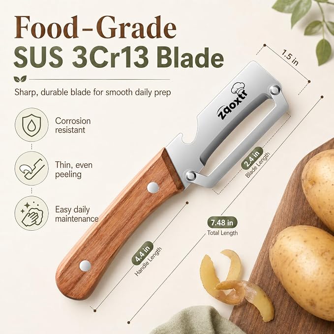 2-in-1 Multifunctional Vegetable Peeler with Bottle Opener, Wide Stainless Steel Blade and Non-Slip Wooden Handle, Kitchen Peeler for Potato, Apple, Pumpkin, Fruit and Vegetables 2pcs