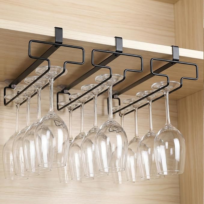 4 Pcs Wine Glass Holder, Stemware Rack Hanger Under Cabinet Wine Glass Rack Kitchen Hanging Glasses Storage Rack Organizer, Black