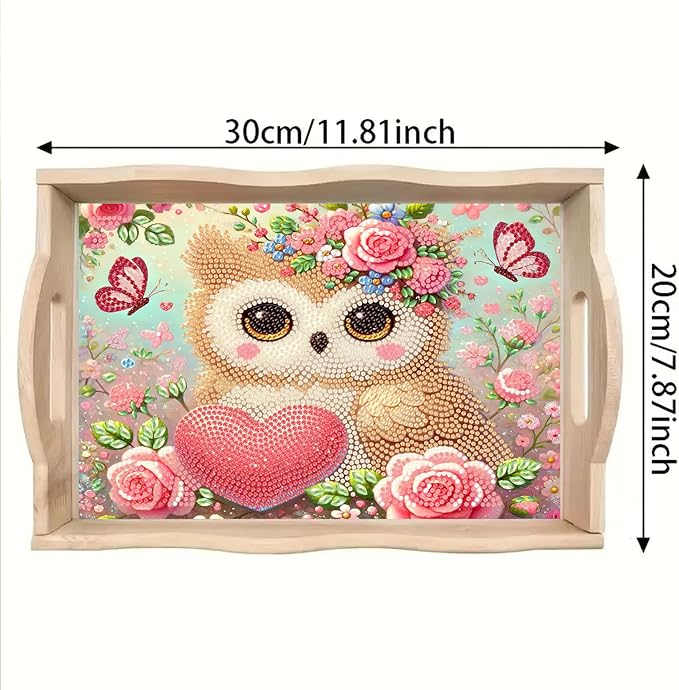 BAYUNOE DIY Diamond Serving Tray Rectangular Breakfast Tray with Handle Handmade Diamond Art Painting Wooden Tray Spring Creative Dinner Plate Coffee Room Living Home Organizer-Owl02