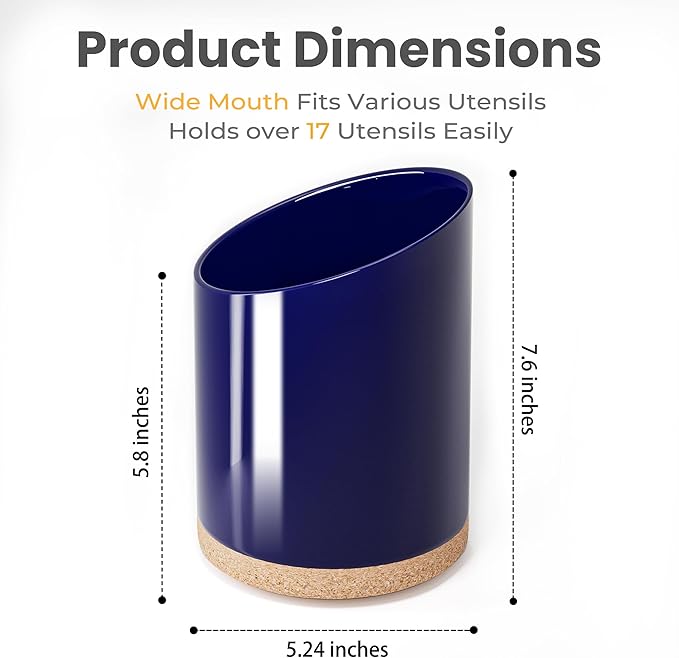 KITEISCAT Large Ceramic Utensil Holder for Kitchen Counter, Modern Crock with Slanted Top & Cork Mat, for Spatulas & Cooking Spoons, Blue