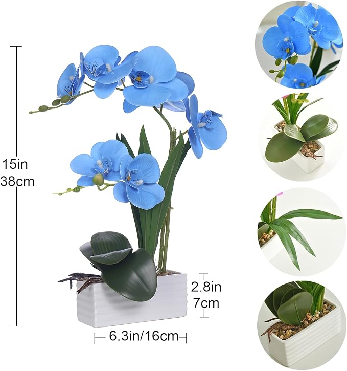 Artificial Real Touch Orchid Flowers in Pot Fake Phalaenopsis Flower with White Ceramic Vase Faux Orchids Arrangement for Home Table Office Wedding Party Decoration (Blue)