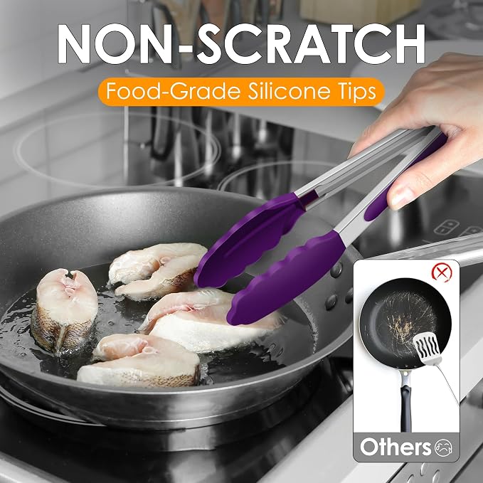 HOTEC Premium Stainless Steel Locking Kitchen Tongs with Silicon Tips, Set of 3-7", 9" and 12" (Purple)