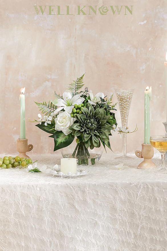 Artificial Flowers in Vase with Fake Water, Silk Rose Dahlia Lily Flowers Bouquet with Glass Vase for Home Birthday Party Wedding Dinning Table Office Hotel Decor Gift (Green & White Mixed)