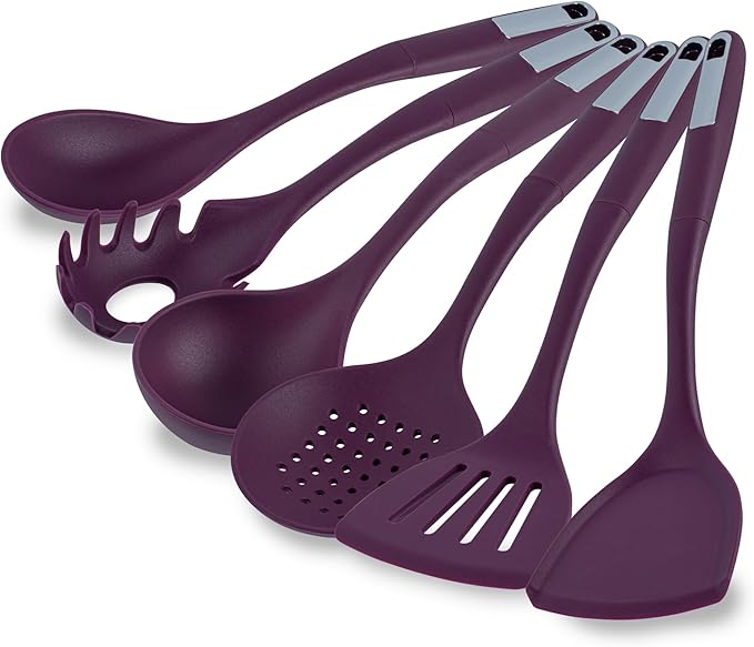 Restaurantware Silicone Utensil Set Pack of 1 Non-Slip Handle 6-Piece Kitchen Tool Set, Heat-Resistant Dishwasher-Friendly Cooking Accessories, Durable Purple Cooking Utensils