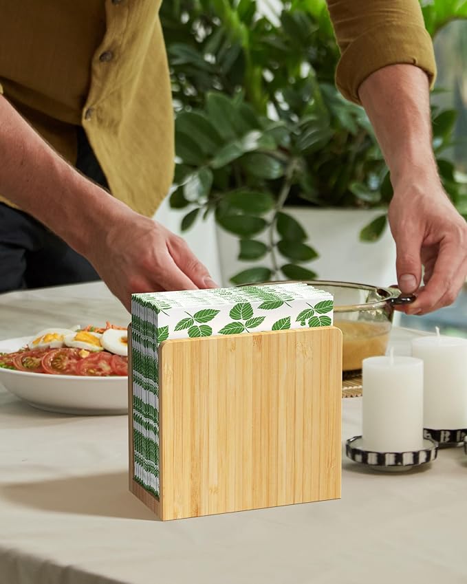 MaxGear Bamboo Napkin Holder for Tables, Wooden Freestanding Tabletop Tissue Dispenser for Kitchen, Dining Room, Party, Outdoor, Holds 5.5x5.5 or Larger Napkins for Home, Restaurant, Hotel, 1 Pack