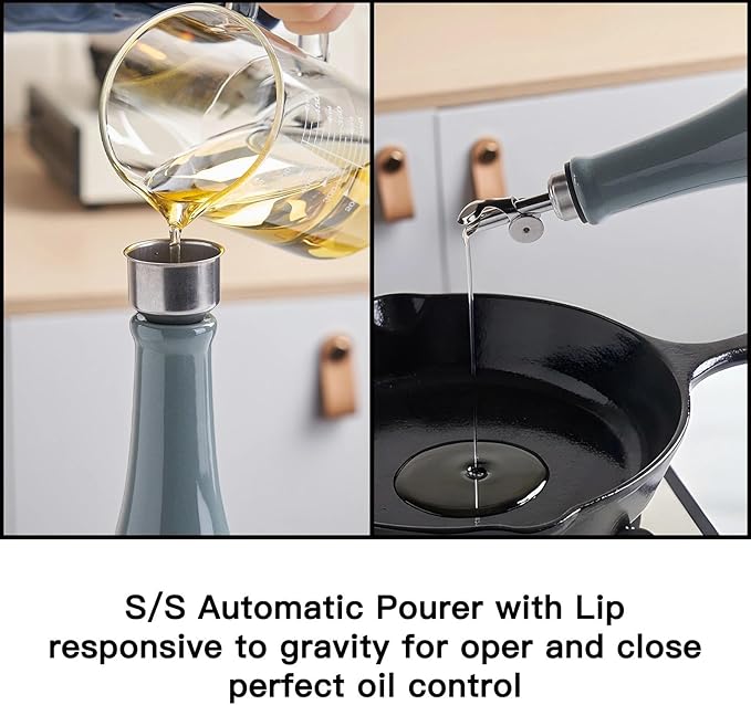 YOLIFE Olive Oil Dispenser Bottle, 20oz Ceramic Oil Dispenser for Kitchen, Oil Bottle with Gravity Spout, Leak Proof EVOO Dispensing Bottle with 2 Spouts and 1 Funnel for Vinegar, Juice(Gray)