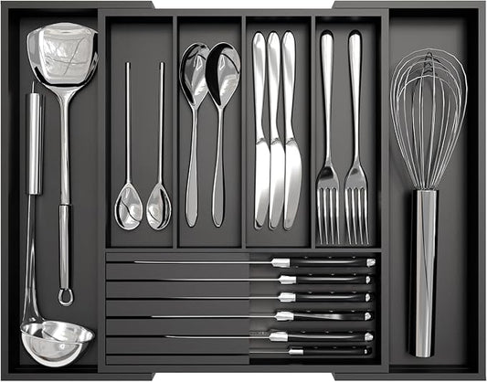 Bamboo Kitchen Silverware Drawer Organizer - Expandable Wood Utensil Holder with Dividers, Luxury Cutlery Storage Tray for Kitchen Utensil and Flatware (5-7 Slots with Removable Knife Block, Black)