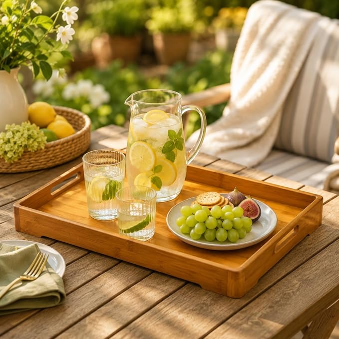 Bamber Large Bamboo Serving Tray Decorative Coffee Tea Platter 18 x 13 x 1.2 Inches