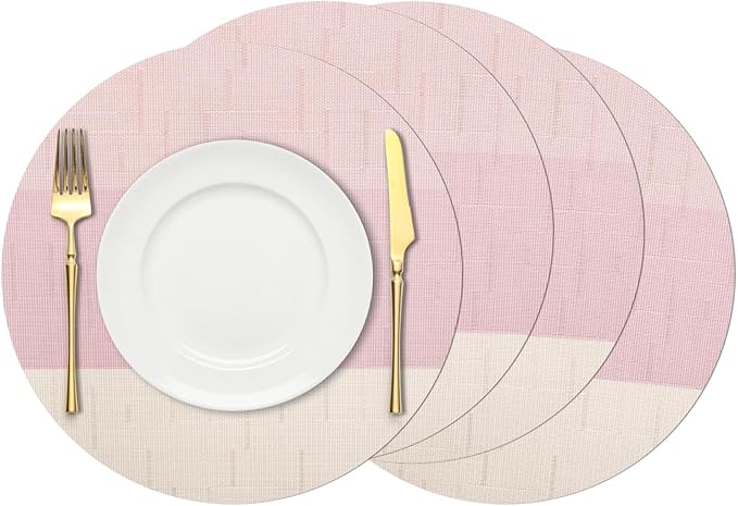 Round Placemats Set of 4, 15 Inch Woven Vinyl Heat Resistant Place Mats, Washable Non Slip PVC Table Mats for Kitchen Dining Party Outdoor Table Decor (Beige Pink, 4)