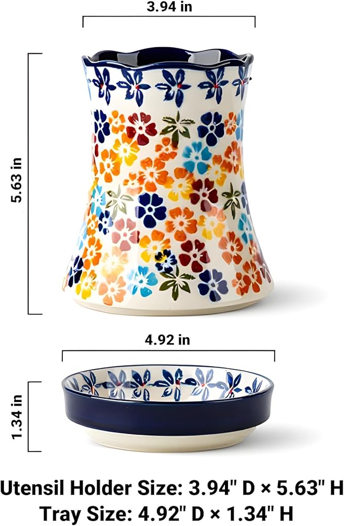 Utensil Holder for Kitchen Counter, Large Ceramic Utensil Holder Crock with Drain Tray, Hand-Painted Floral Rustic Farmhouse Kitchen Crock, Perfect for Women, Christmas, Hostess Gifts & Fall Decor
