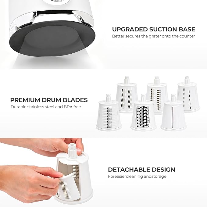 SUSTEAS Rotary Cheese Grater with Handle,Vegetable Slicer with 6 Interchangeable Blades, Reinforced Suction,Easy to Clean,Kitchen Shredder for Crushed Ice,Fruits and Nuts with Blade Storage Case,White