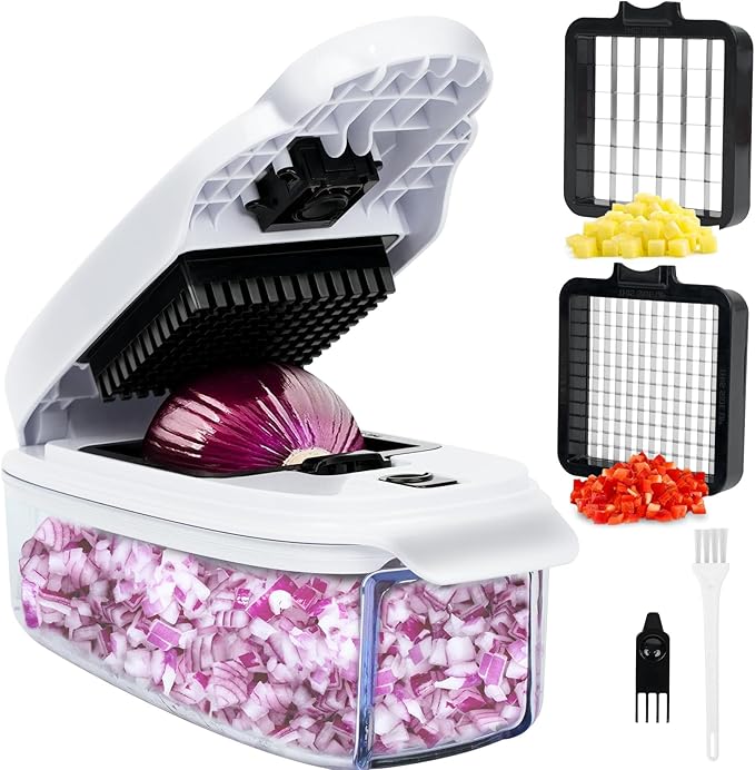 2-in-1 Vegetable Dicer, Onion Chopper with 6.7mm and 13.5mm Dicing Blades, 1.5L Food Prep Container for Salad, Potato, Tomato, Home Kitchen Meal Prep (White & Black)