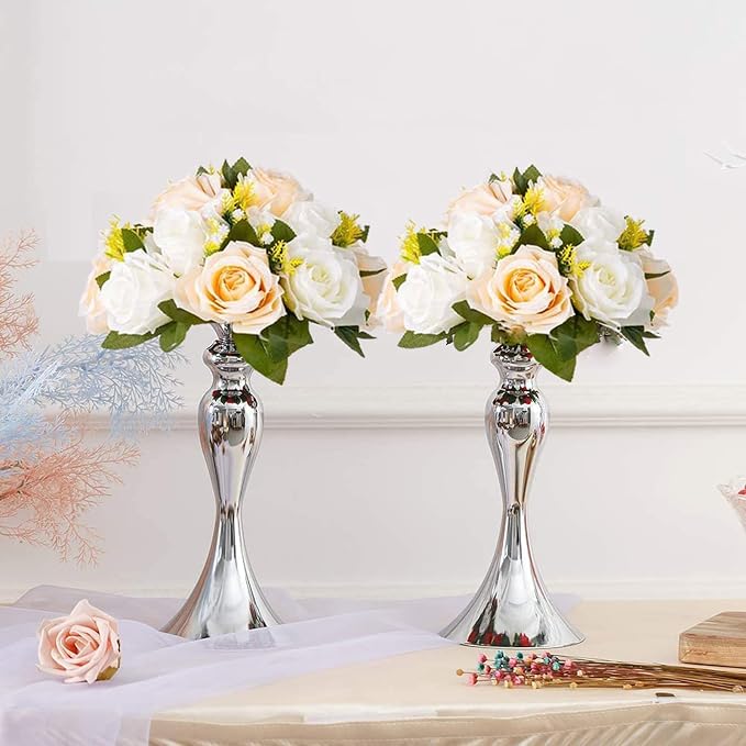 Flower Balls Wedding Rose Centerpieces: 10pcs Fake Flowers Decor for Table | Artificial Champagne White Kissing Balls Floral Arrangements - Faux Flower Bouquet with Base Home Party DIY Decorations