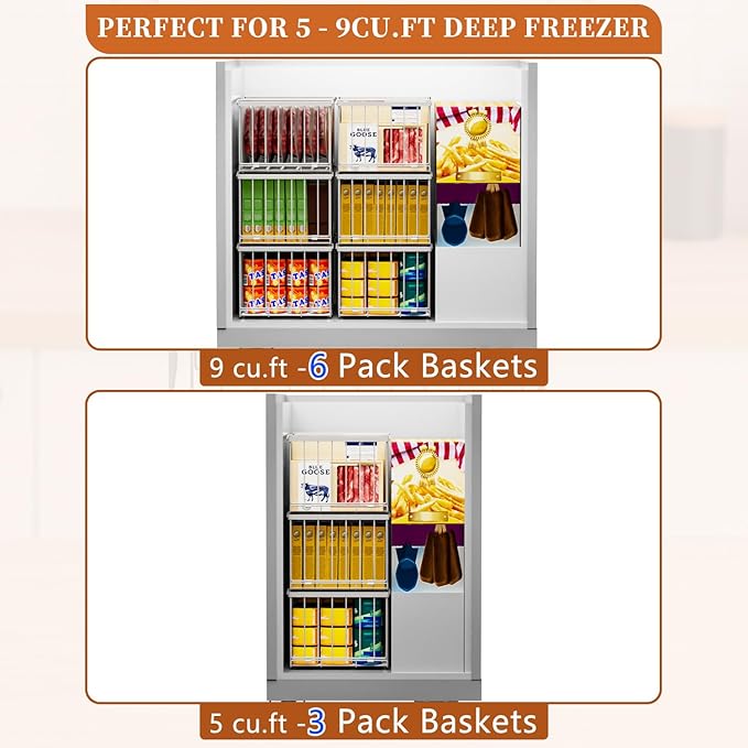 Large Freezer Organizer Bins, Upgrade One-Touch Open/Close, for 5-9 Cu.Ft Deep Freezer, 4 Pack Stackable Deep Freezer Organizer Bins, Black Wire Foldable Baskets White 4 Pack
