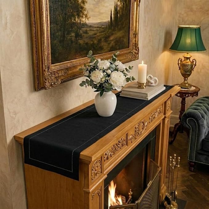 Signature Linen™ by D'Moksha Black Table Runner 60 Inches, 100% Pure Linen, Hemstitch, Coffee Table Runner, 14 x 60 Inch for Dresser Tables- Summer, Father's Day