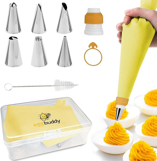 Deviled Egg Piping Tool – Reusable Piping Bag and Tips Set, 9 Piece Silicone Piping Bag Decorator & Filler Kit for Perfect Party Appetizers (Yolk Yellow)