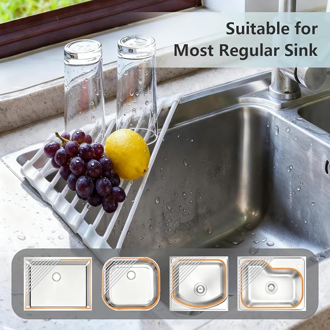 Credon Triangle Roll Up Dish Drying Rack, Foldable Anti-Slip Kitchen Sink Drainer Organizer, Silicone Coated Stainless Steel Frame, Multipurpose Over Sink Corner Caddy for Space Saving (White)