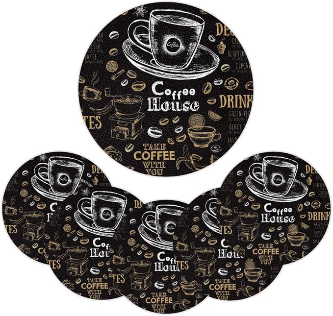 Round Placemats Set of 6, Black Coffee Pattern Woven Placemats Mats Non-Slip Heat Resistant Washable Table Mats Round Braided Place for Farmhouse Kitchen Dining Party Decor 15in