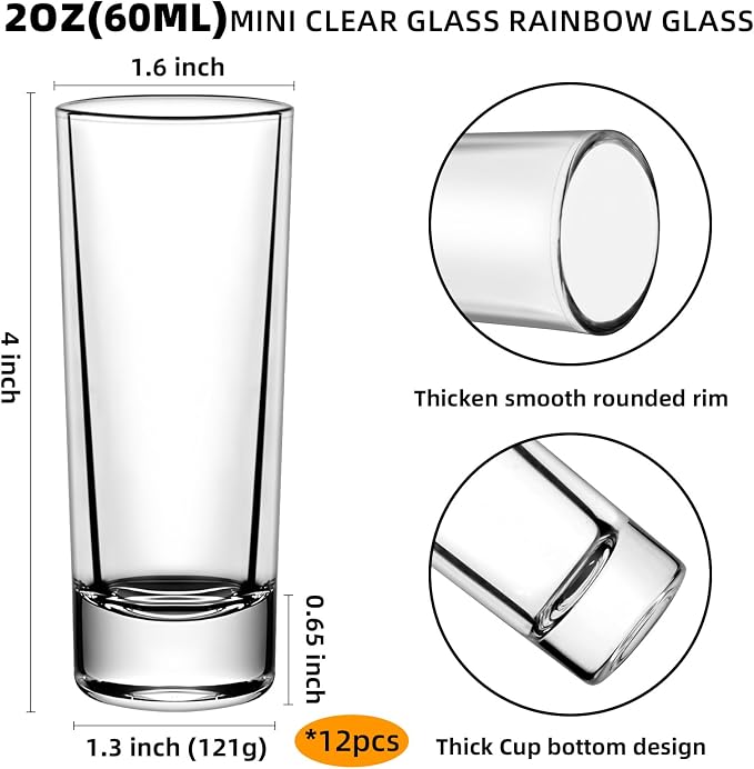 2 Ounce Shot Glasses Heavy Base, Small Liquor and Spirit Glasses, Durable Tequila Bar Glasses For Alcohol and Espresso Shots, Shooter Glass Set 2oz / 60ml (12-clear)