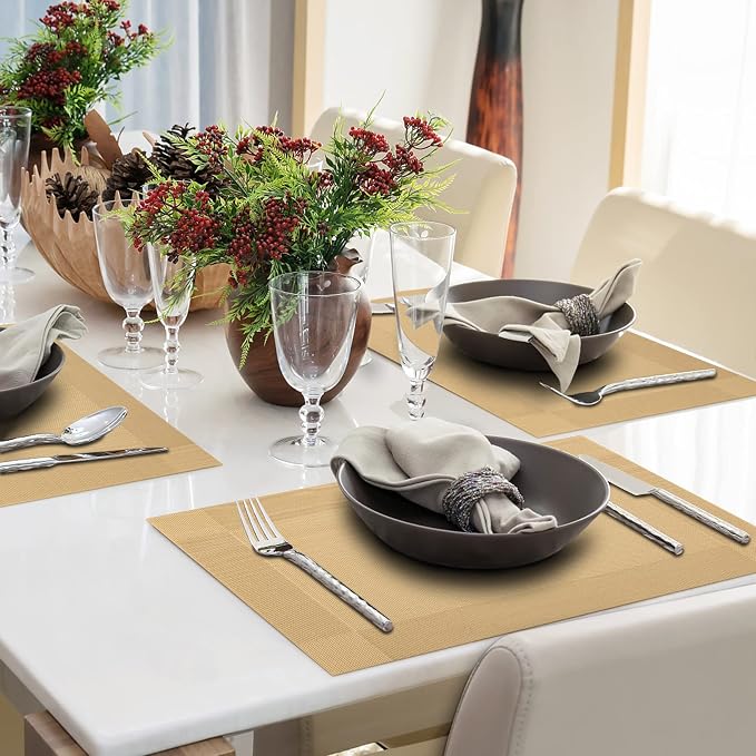 Winknowl Placemats Set of 8, Washable Vinyl Woven Placemats, Heat Resistant & Wipeable Table Mats for Kitchen Dining Table (Golden)