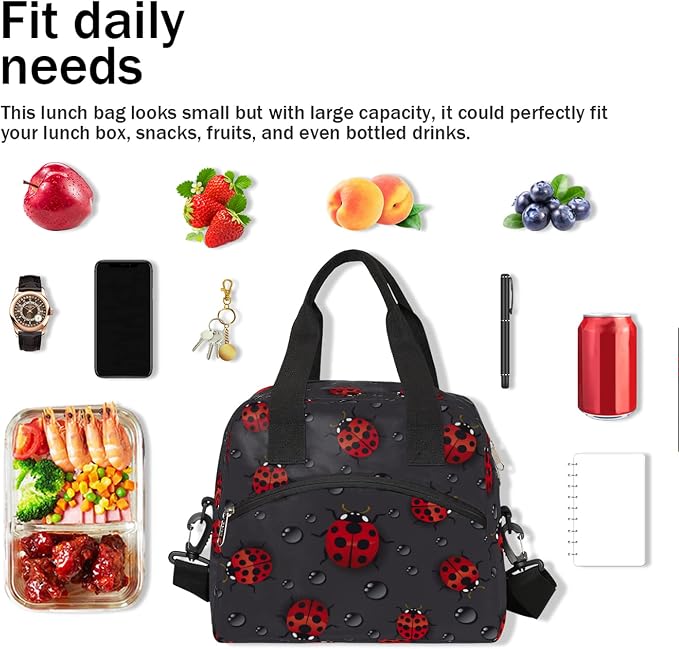 Pardick Funny Animal Ladybug Insulated Lunch Bag with Detachable Shoulder Strap Tote Bag for Women Men Adult Reusable Containers Organizer Thermal Cooler Bag for School Work Travel Lunch Box