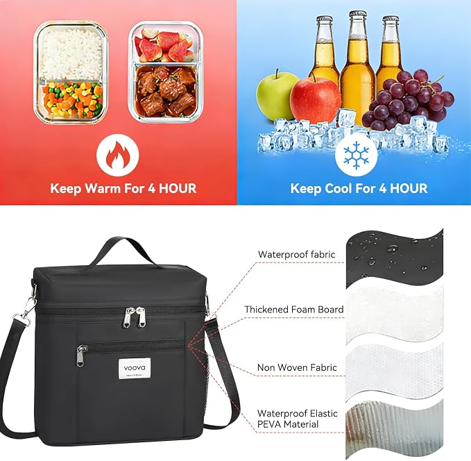 Voova Lunch Bag for Men and Women, Insulated Lunch Box with Shoulder Strap, Adult Reusable Lightweight Nylon Waterproof Lunchbox Lunch bags for Work, Black