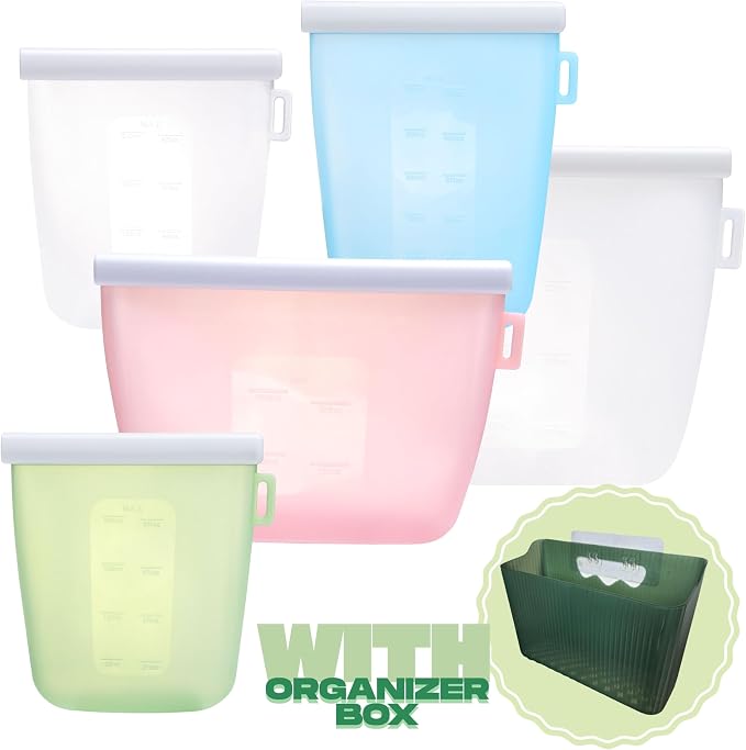 Green Mood Silicone Reusable Food Storage Bags with Organizer – 5 Pack (4 Sizes) – BPA-Free, Leakproof, Freezer & Microwave Safe – Eco-Friendly Bags with Plastic Storage Box for Kitchen & Travel