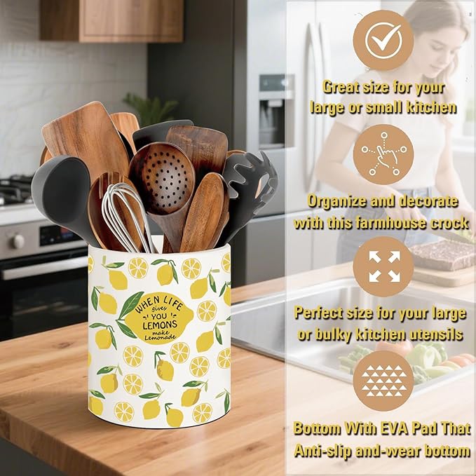 Lemon Kitchen Decor, 6.5inch Ceramic Utensil Holder with Lemon Design, Rustic-Style Indoor Kitchen Utensil Storage Rack,Ideal for Spoon Storage and Cooking Tools, Gift for Kitchen Organizers
