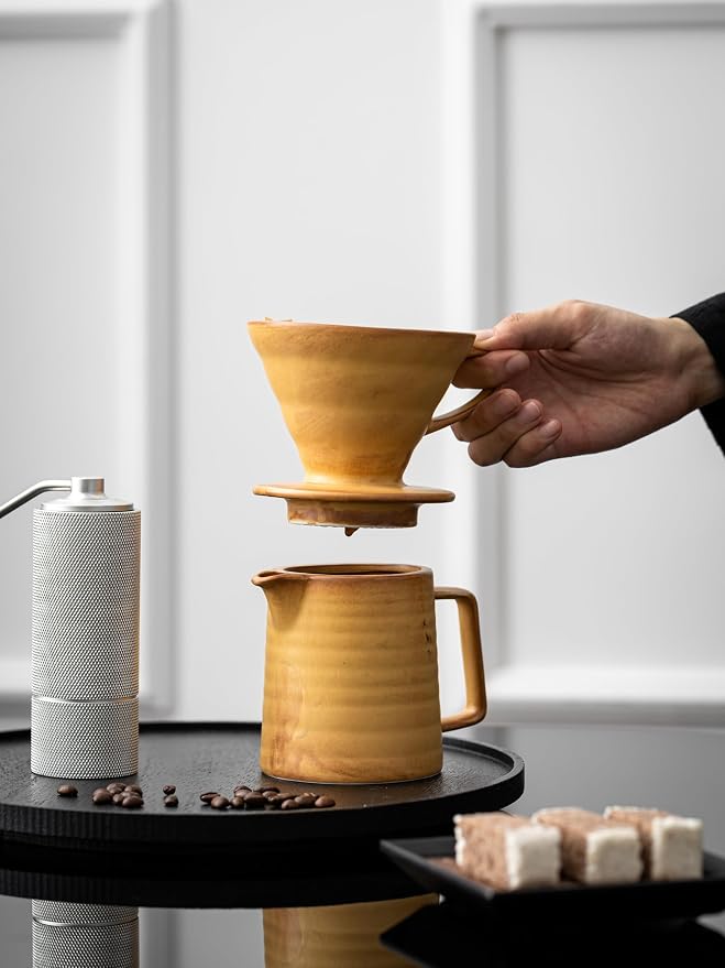 Pour Over Coffee Maker,Ceramic Coffee Maker With 40 pcs Paper Filter，15oz/450ml Pour Over Coffee Dripper (Yellow, V02)