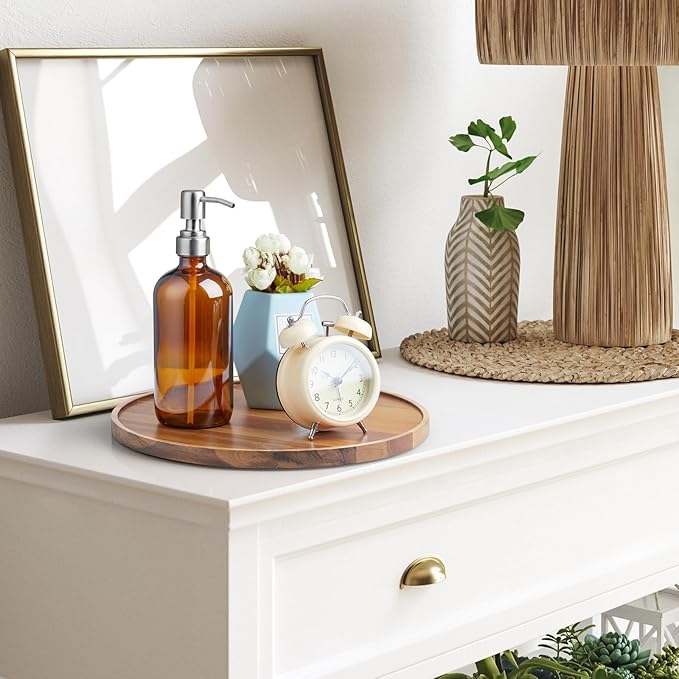 12 Inch Acacia Wood Round Tray, Wooden Decorative Serving Coffee Table Tray Centerpiece Candle Holder for Farmhouse Kitchen Dining Room Home Decor Coffee Table Decor and Accessories