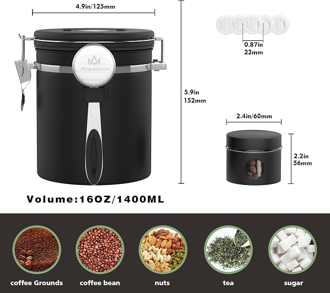 Coffee canister set for ground coffee with Date Tracker,Co2 Valve,Travel jar,Stainless Steel Kitchen Food Airtight storage container for Coffee Beans or Grounds,Tea,Sugar (16oz-Black)