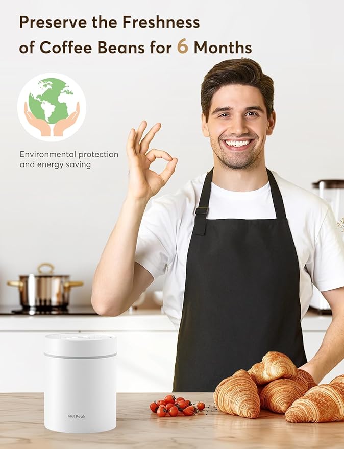 OUTPEAK Latest Kilo Auto Vacuum Coffee Canister, 1.8L for 21.2oz Coffee Beans, One-Button Operation, Stainless Steel Container with Scoop, Fresh 6-Month Storage Container (Barista Champion's Choice)