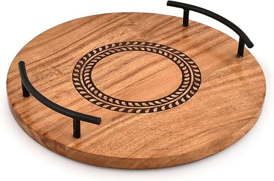 Nirman Serving Trays Iron & Acacia Wood | Round Engraved Design |with Iron Handles for Ottoman, Coffee Table, Kitchen|Farmhouse Style Food Server (12" x 12" x 1.75")