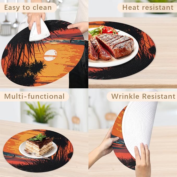 Round Placemats Set of 4, Summer Beach Sunrise Trees Woven Placemats Mats Non-Slip Heat Resistant Washable Table Mats Round Braided Place for Farmhouse Kitchen Dining Party Decor 15in