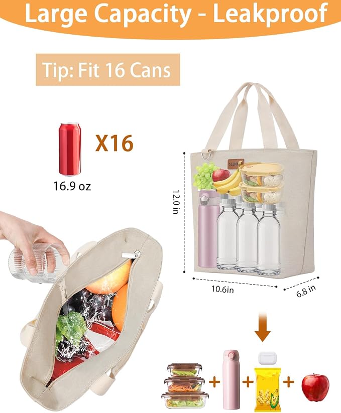GLENKEY Insulated Lunch Bag Tote Lunch Box - XLarge Leakproof Cooler Bags for Adults - Soft Lunchbox for Women Work Shift Outdoor Travel Beige 14L