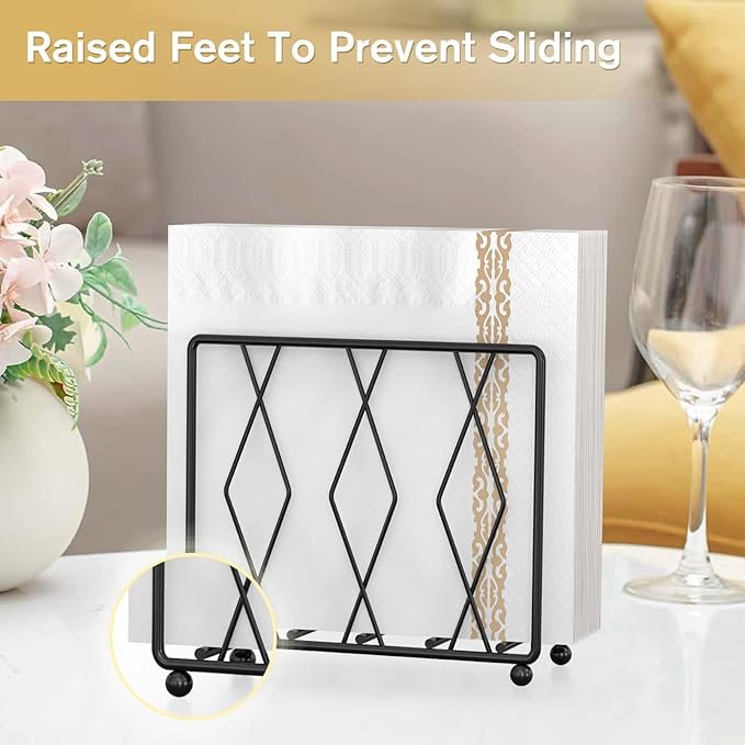 Napkin Holder for Table, Modern Metal Napkin Holders for Paper Napkins & Kitchen Dining & Countertops, Cocktail Upright Napkin Holder Dispenser Suitable for All Room Decors (Large, Black)