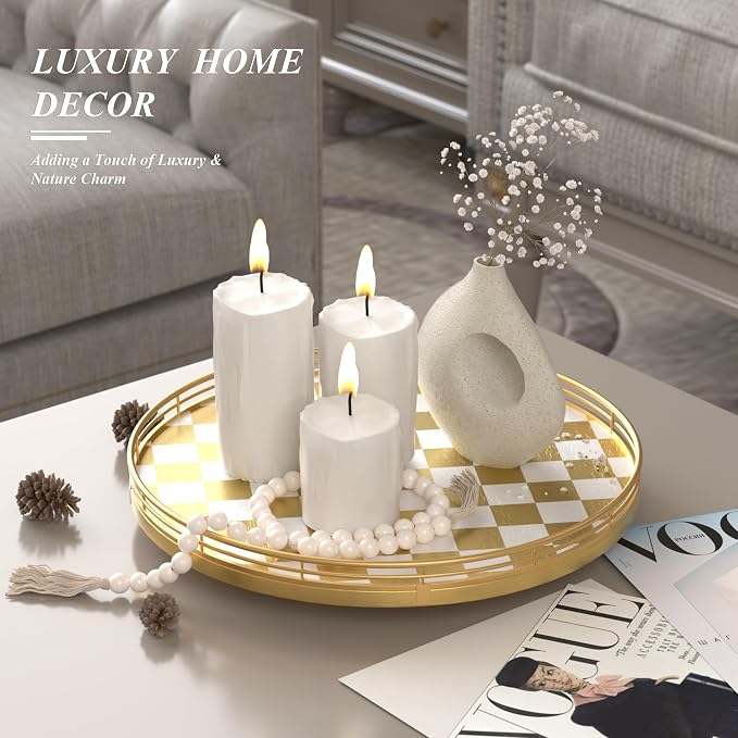 Premium Rubber Wood Lazy Susan Turntable, Gold White Checkerboard Decorative Serving Tray, Hand-Welded Metal Railing, Stable Rotating Organizer for Dining Table, Kitchen Counter, Coffee Table Decor