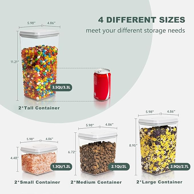 8 Pack Airtight Food Storage Containers with Pop Top Lids, BPA-Free Clear Pantry Organizer Set with Measurement Marks, Plastic Kitchen Containers for Cereal, Flour, Sugar, Pasta & Snacks