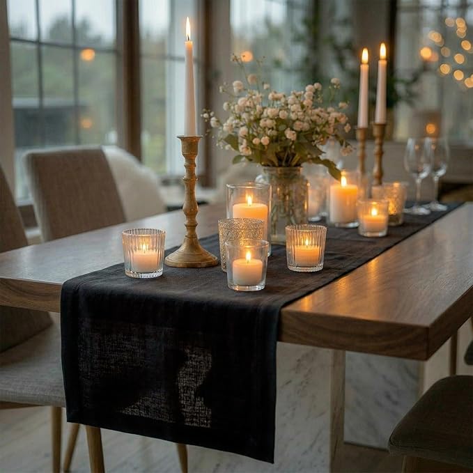 Solino Home Linen Black Table Runner 48 Inches - 100% Pure Linen Short Table Runner 14 x 48 Inch Ideal for Dresser and Coffee Tables - Diana Medium Weight