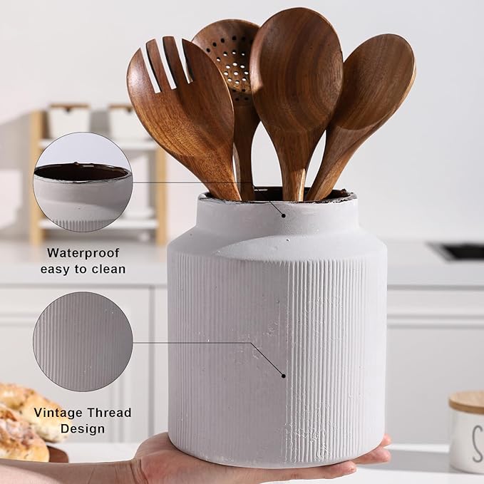 Farmhouse Ceramic Farmhouse Kitchen Utensil Holder for Countertop, Rustic Cooking Utensil Holder Crock Fit for Kitchen Counter.Grey 6.1 x 6.1 x 7 IN
