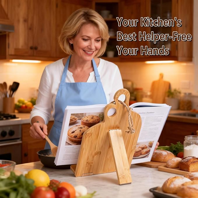 Adjustable Wooden Cookbook Stand for Kitchen Counter - Foldable & Space Saving Recipe Book Holder, Multi-Angle Reading Rack for Cookbooks, Phones, Tablets