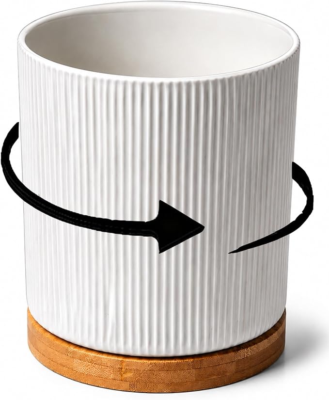 Utensil Holder 360°Rotating for Kitchen Countertop, 7.9'' Ceramic Large Cooking Utensil Crock with wododen for Counter Decor,Morden Utensil Organizer for Spatula, Cream White