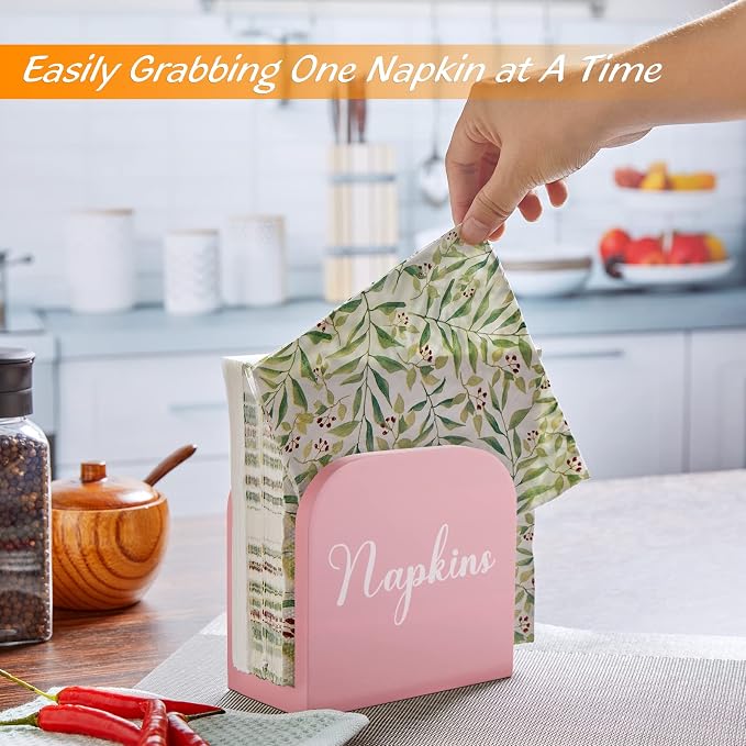 ALELION Pink Napkin Holder for Table - Wooden Napkin Holders for Kitchen - Pink Kitchen Decor and Accessories for Dining Room Table - Wood Napkin Dispenser