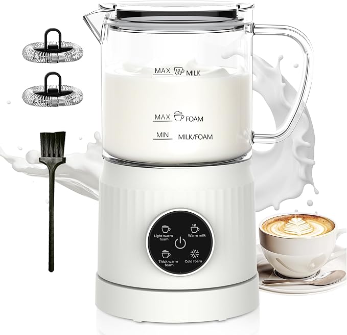 Casimhu 4-in-1 Milk Frother, Electric Milk Frother and Steamer with LED Touch Screen, Ceramic Lining Bottom, Milk Warmer 13.52oz for Lattes, Cappuccinos, and Macchiatos at Home (Cream White)